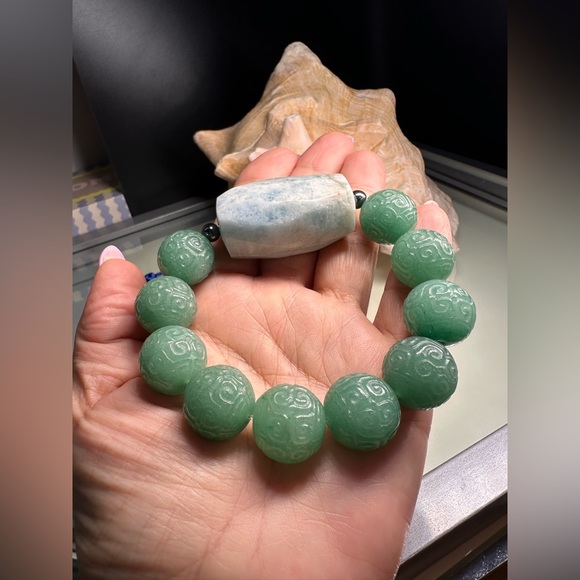 MASSIVE AQUAMARINE + JADE  AVENTURINE  NATURAL STONES BRACELET size 7” - Picture 8 of 16